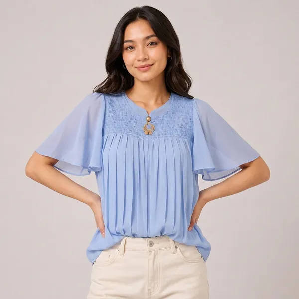 Blue_Chiffon_Smocked_Flared_Sleeve_Top_For_Women
