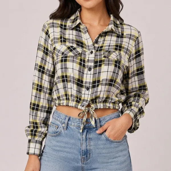 Yellow_Rayon_Plaid_Cropped_Button-Down_Shirt_For_Women