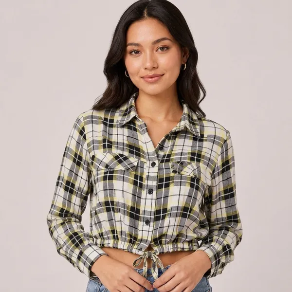 Yellow_Rayon_Plaid_Cropped_Button-Down_Shirt_For_Women