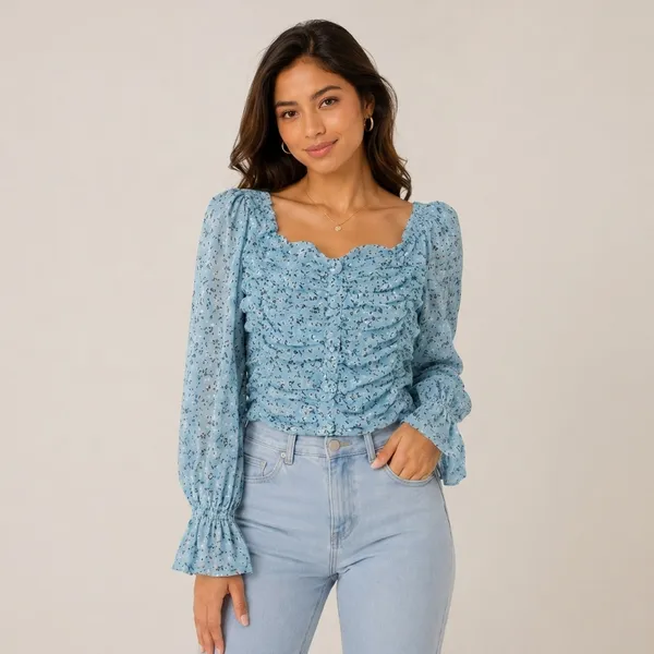 Blue_Chiffon_Floral_Print_Ruched_Full_Sleeve_Top_For_Women