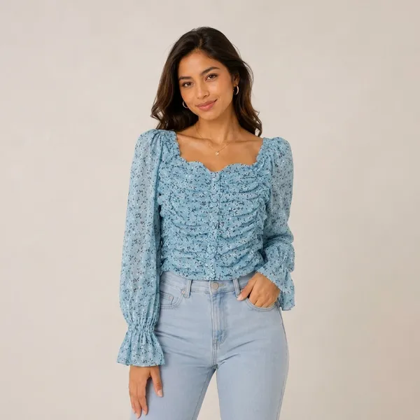 Blue_Chiffon_Floral_Print_Ruched_Full_Sleeve_Top_For_Women