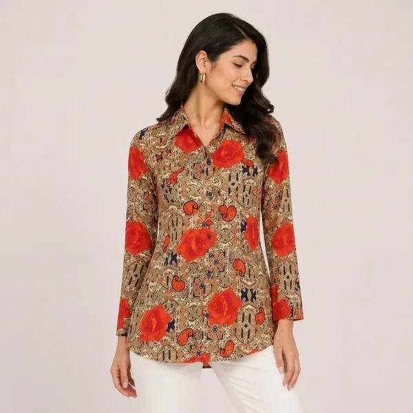 Beige_Satin_Floral_Print_Long_Sleeve_Tunic_For_Women