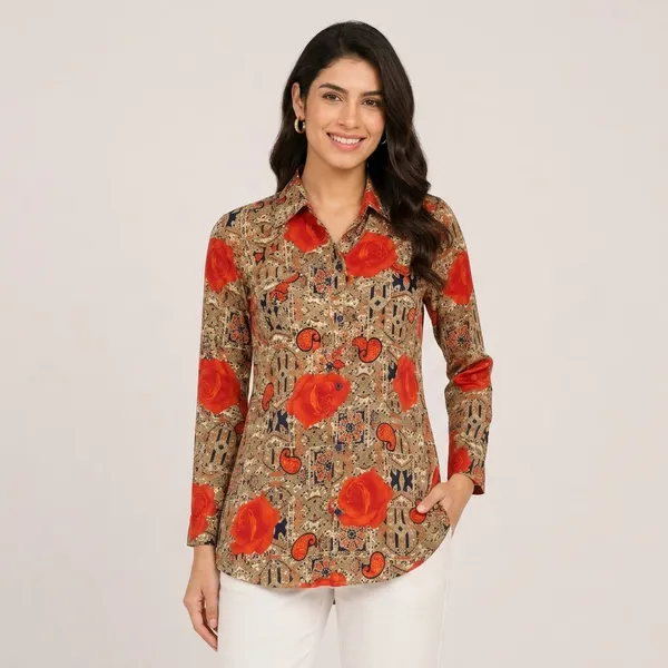 Beige_Satin_Floral_Print_Long_Sleeve_Tunic_For_Women