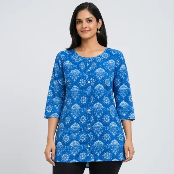 Royal_Blue_Cotton_Floral_Print_Straight_Tunic_Top_For_Women