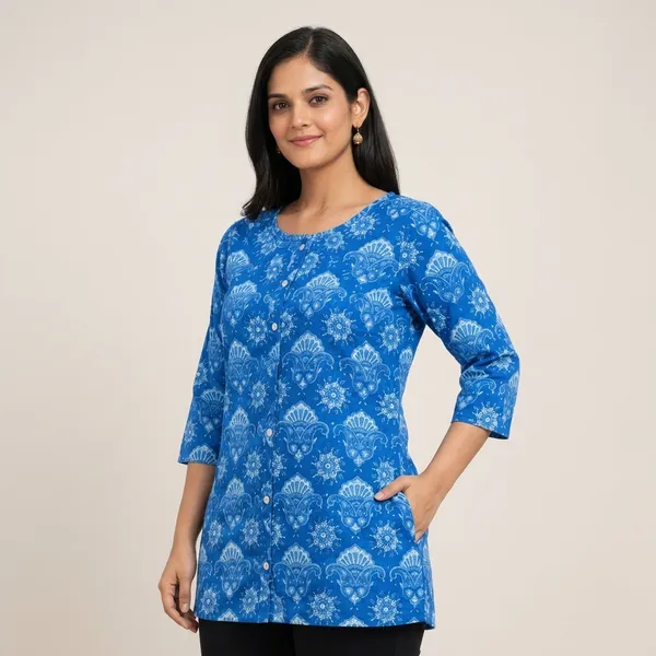Royal_Blue_Cotton_Floral_Print_Straight_Tunic_Top_For_Women
