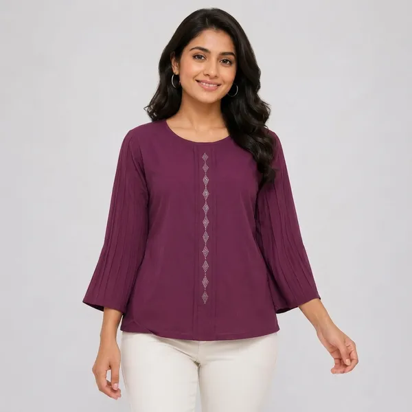 Wine_Satin_Textured_Sleeve_Round_Neck_Top_For_Women
