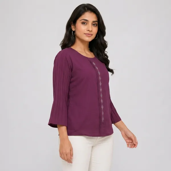 Wine_Satin_Textured_Sleeve_Round_Neck_Top_For_Women