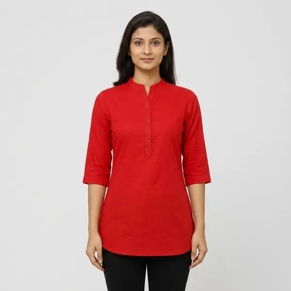 Red_Cotton_Mandarin_Collar_Short_Kurta_For_Women