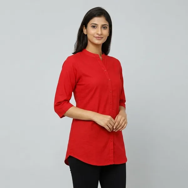 Red_Cotton_Mandarin_Collar_Short_Kurta_For_Women