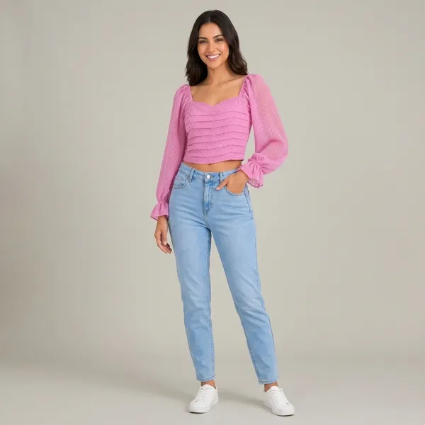 Pink_Chiffon_Polka_Dot_Ruched_Long_Sleeve_Crop_Top_For_Women
