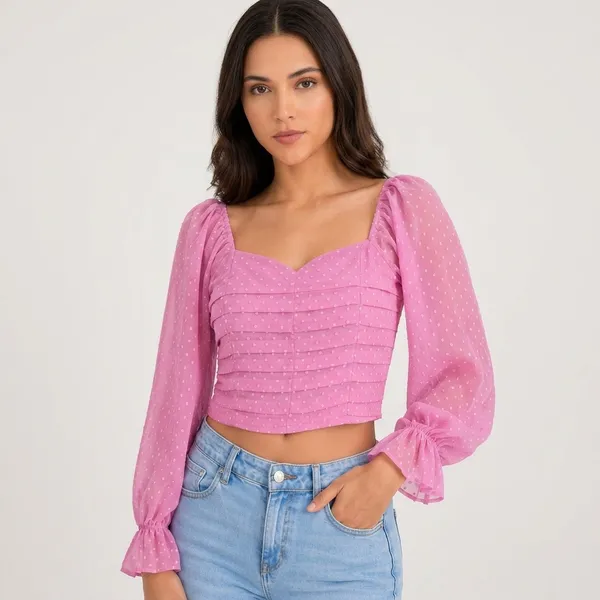 Pink_Chiffon_Polka_Dot_Ruched_Long_Sleeve_Crop_Top_For_Women