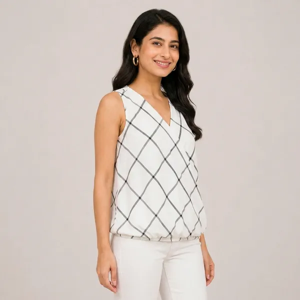 White_Rayon_Checkered_Sleeveless_V-Neck_Top_For_Women