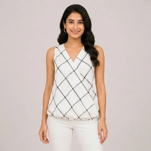 White_Rayon_Checkered_Sleeveless_V-Neck_Top_For_Women