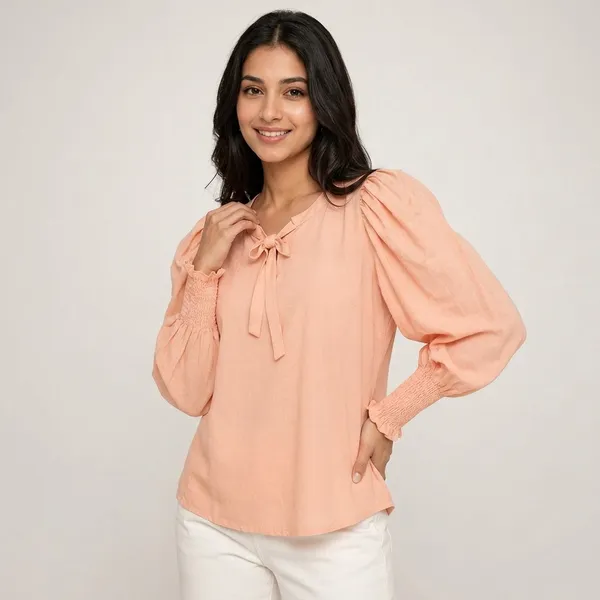 Peach_Cotton_Puff_Sleeve_Tie_Neck_Top_For_Women
