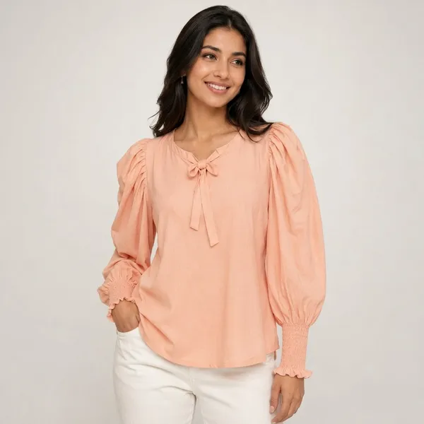 Peach_Cotton_Puff_Sleeve_Tie_Neck_Top_For_Women