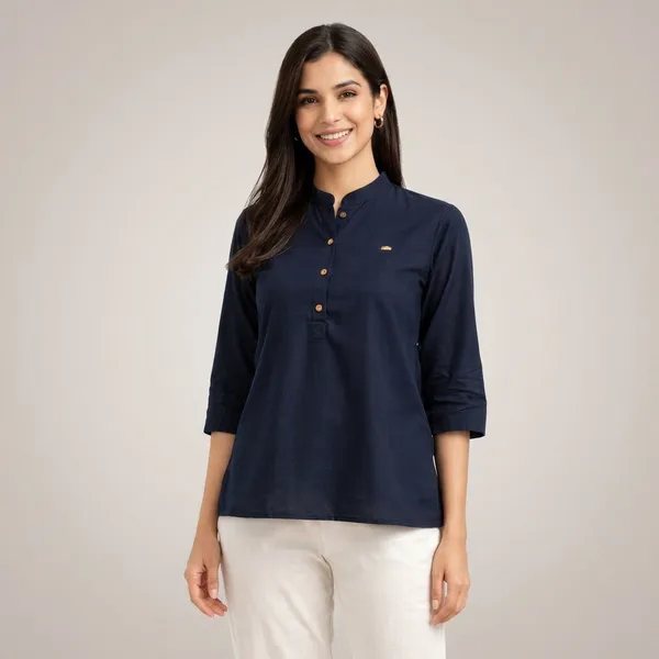 Navy_Blue_Cotton_Mandarin_Collar_Top_For_Women
