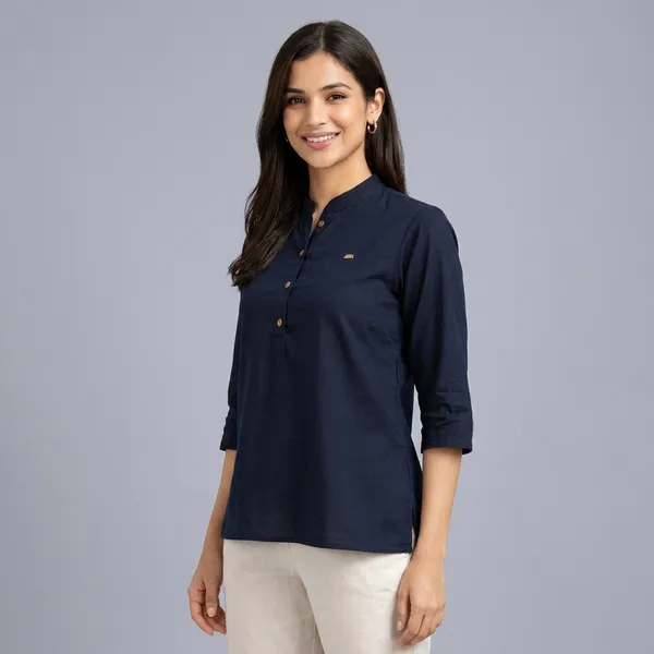 Navy_Blue_Cotton_Mandarin_Collar_Top_For_Women