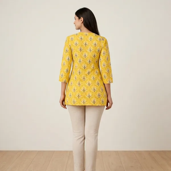 Yellow_Cotton_Block_Print_Short_Kurta_For_Women