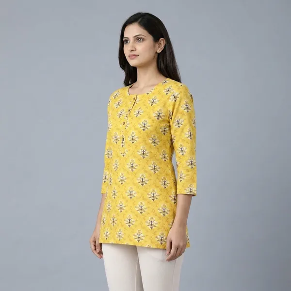 Yellow_Cotton_Block_Print_Short_Kurta_For_Women