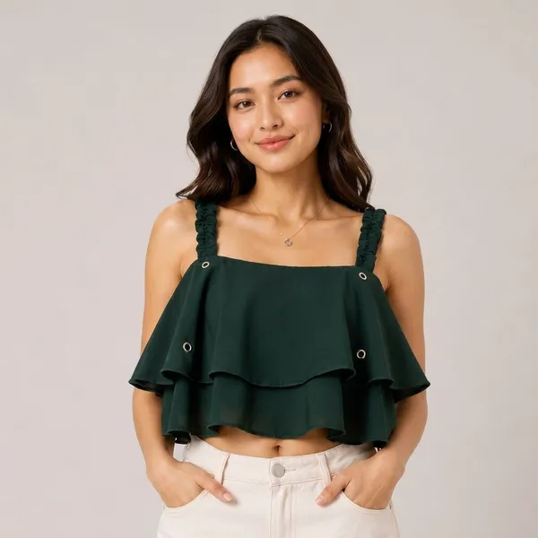 Dark_Green_Rayon_Cold_Shoulder_Ruffled_Crop_Top_For_Women