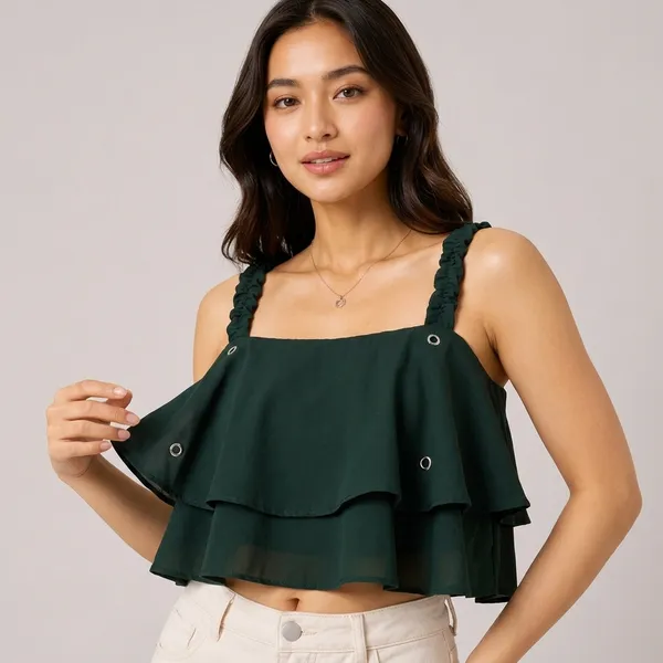 Dark_Green_Rayon_Cold_Shoulder_Ruffled_Crop_Top_For_Women