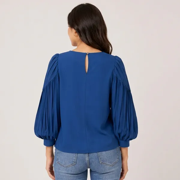 Blue_Satin_Pleated_Balloon_Sleeve_Top_For_Women