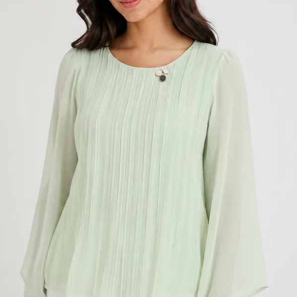 Green_Crepe_Pintuck_Pleated_Long_Sleeve_Top_For_Women