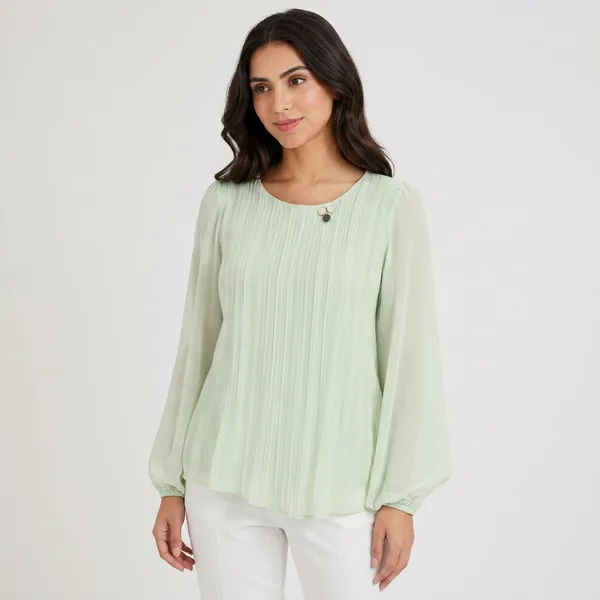 Green_Crepe_Pintuck_Pleated_Long_Sleeve_Top_For_Women