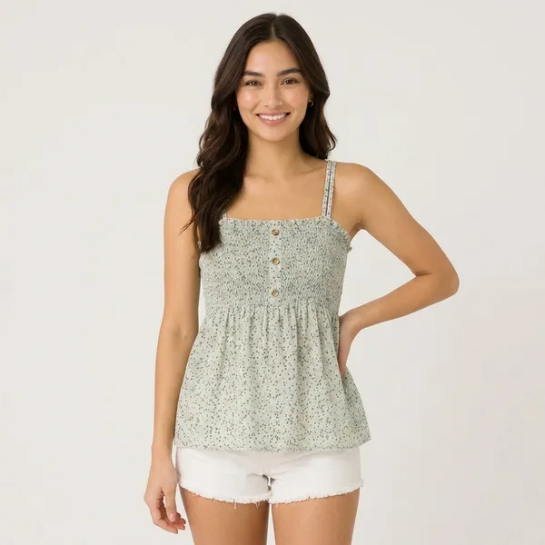 Sage_Green_Chiffon_Floral_Print_Smocked_Tank_Top_For_Women