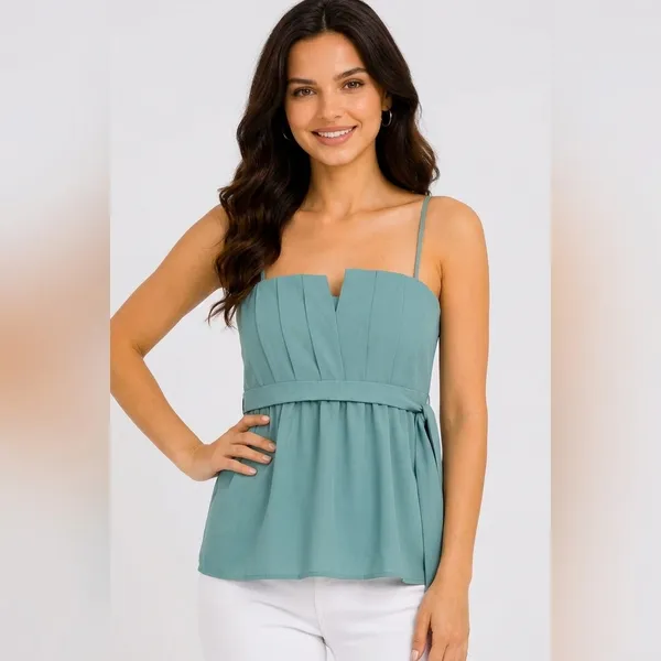 Green_Polyester_Spaghetti_Strap_Pleated_Peplum_Top_For_Women