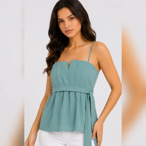 Green_Polyester_Spaghetti_Strap_Pleated_Peplum_Top_For_Women