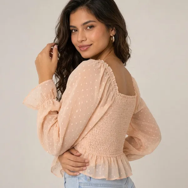Peach_Chiffon_Puff_Sleeve_Smocked_Sweetheart_Top_For_Women