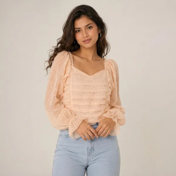 Peach_Chiffon_Puff_Sleeve_Smocked_Sweetheart_Top_For_Women