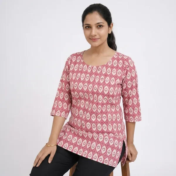 Pink_Cotton_Geometric_Print_Round_Neck_Tunic_Top_For_Women