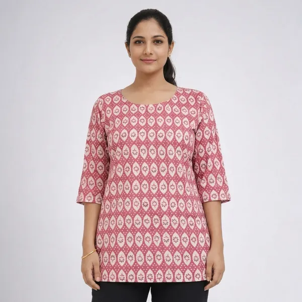 Pink_Cotton_Geometric_Print_Round_Neck_Tunic_Top_For_Women