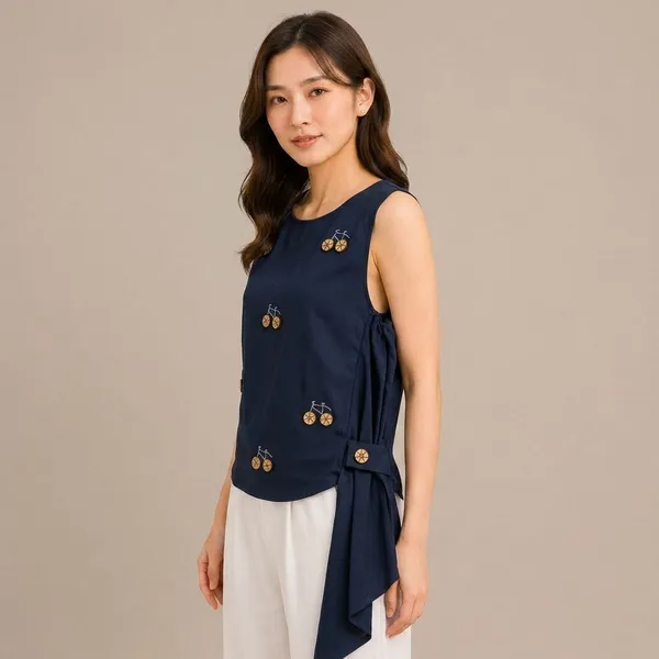 Navy_Blue_Rayon_Embroidered_Sleeveless_Side_Tie_Top_For_Women