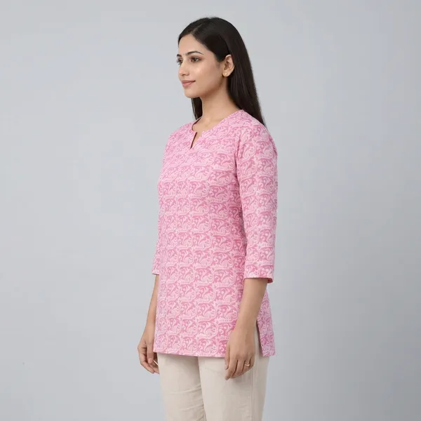 Pink_Cotton_Floral_Printed_Short_Kurta_For_Women