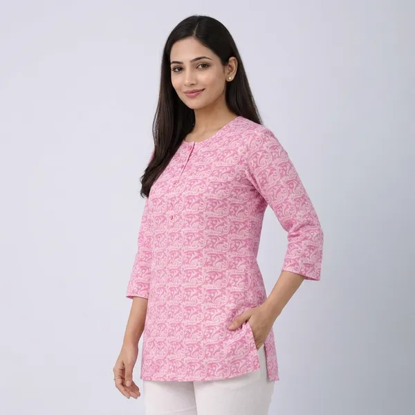Pink_Cotton_Floral_Printed_Short_Kurta_For_Women