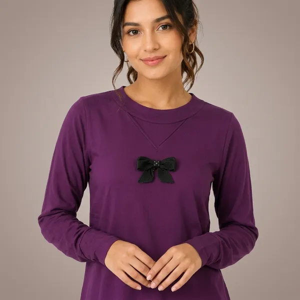 Wine_Rayon_Bow_Detail_Long_Sleeve_Top_For_Women