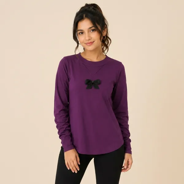 Wine_Rayon_Bow_Detail_Long_Sleeve_Top_For_Women