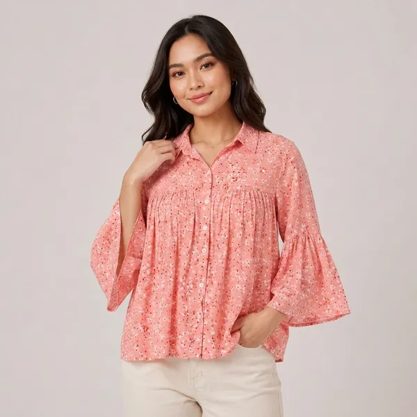 Dark_Peach_Chiffon_Floral_Print_Bell_Sleeve_Top_For_Women