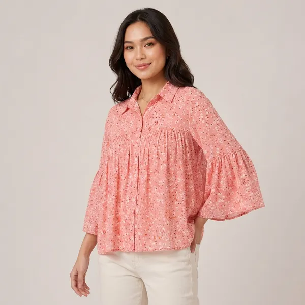 Dark_Peach_Chiffon_Floral_Print_Bell_Sleeve_Top_For_Women