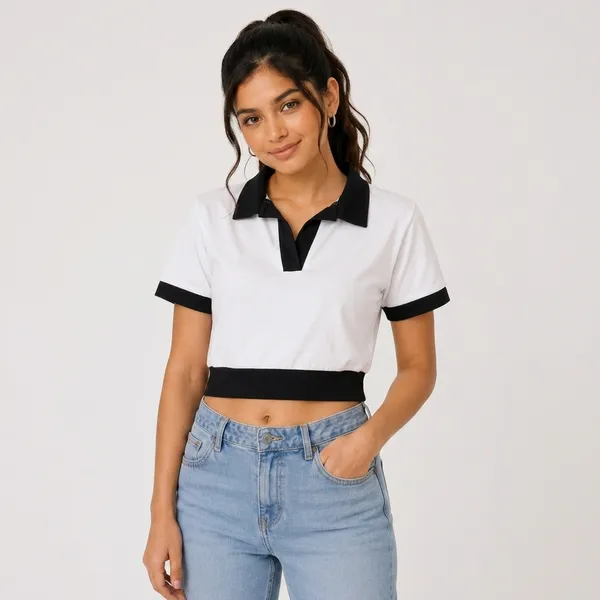 White_Cotton_Blend_Color_Block_Polo_Crop_Top_For_Women