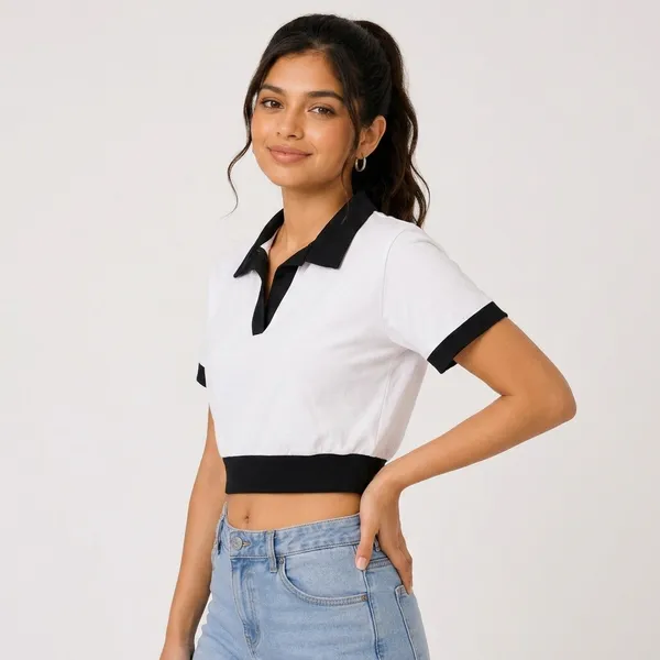 White_Cotton_Blend_Color_Block_Polo_Crop_Top_For_Women