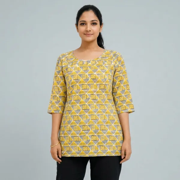 Yellow_Cotton_Geometric_Print_Tunic_Top_For_Women
