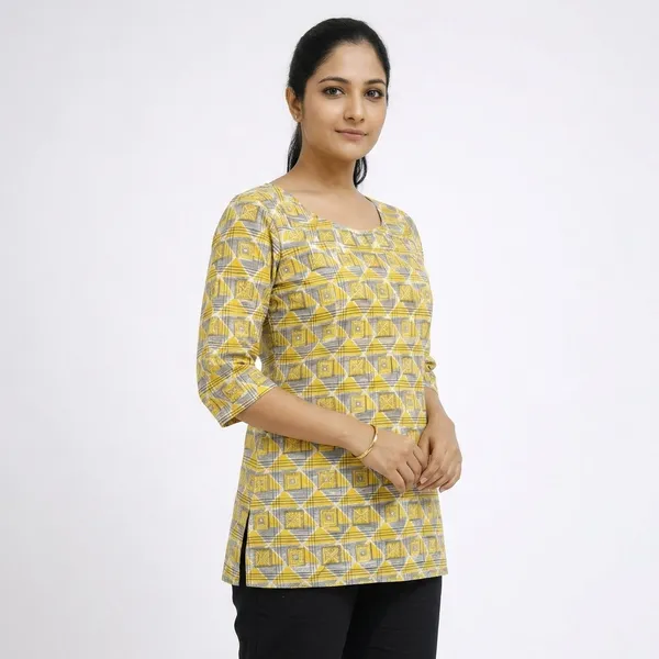 Yellow_Cotton_Geometric_Print_Tunic_Top_For_Women