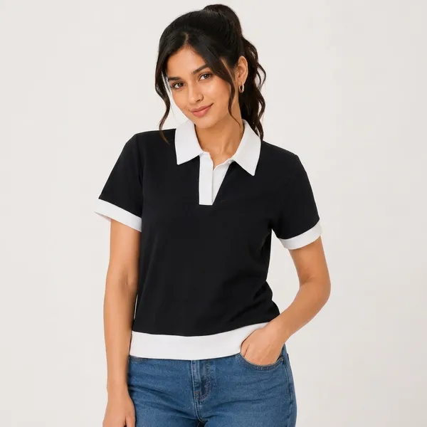 Black_Cotton_Blend_Contrast_Collar_Polo_T-Shirt_For_Women