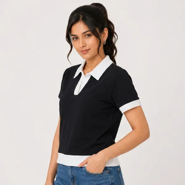 Black_Cotton_Blend_Contrast_Collar_Polo_T-Shirt_For_Women