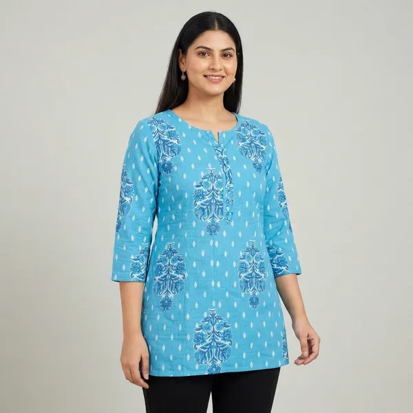 Sky_Blue_Cotton_Paisley_Block_Print_Short_Kurti_For_Women