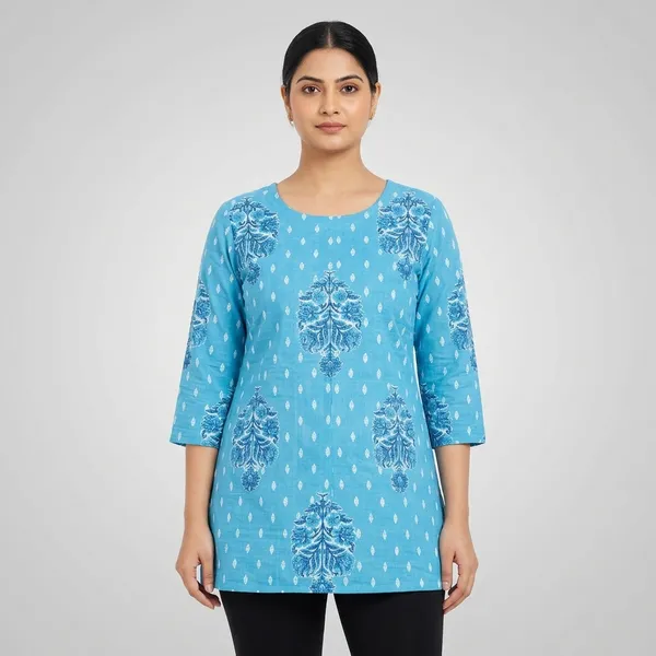 Sky_Blue_Cotton_Paisley_Block_Print_Short_Kurti_For_Women
